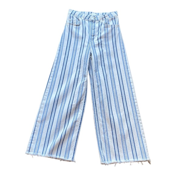 H&M Wide Leg High waist Frayed Ankle Jeans in Blue White Stripe Size 6/Small - Picture 6 of 12